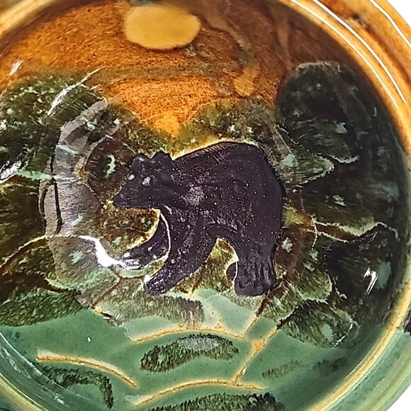 Signed Gatlinburg Judy Jones Pottery Bowl with Bear Green Tan No Chip Cracks - Picture 6 of 8